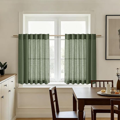 Nanspring Olive Green Linen Curtains 30 Inch Length Short Kitchen, Semi Sheer Boho Cafe Curtains Back Tab and Rod Pocket Basement Drapes for Half Window 30 x 30 Inch,2 Panels