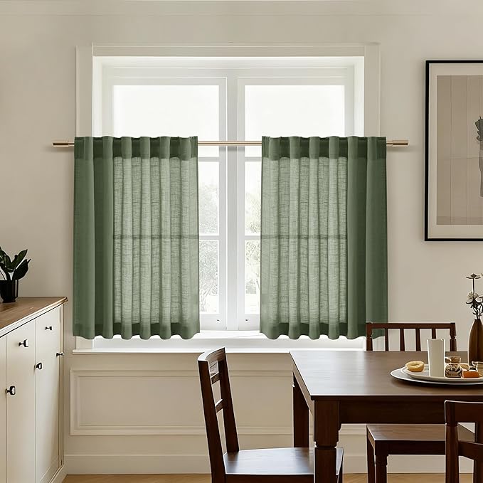 Nanspring Linen Kitchen Curtains 30 Inches Long 2 Panels Olive Green Semi Sheer Short Curtain Back Tab Rod Pocket Solid Privacy Cafe Tier Curtains for Cafe Bathroom Basement 36x30