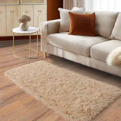 Soft Runner Rugs for Bedroom Hallways, 2x4 Beige Fluffy Shag Throw Area Rug Non Slip for Bedside Dorm, Long Shaggy Furry Carpet for Nursery Living Room