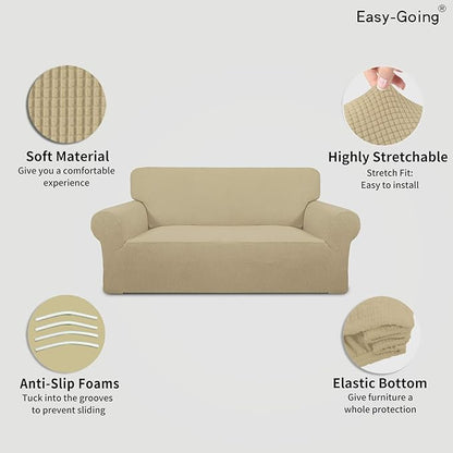 Easy-Going Stretch Oversized Loveseat Slipcover 1-Piece Sofa Cover Furniture Protector Couch Soft with Elastic Bottom for Kids Polyester Spandex Jacquard Fabric Small Checks Beige