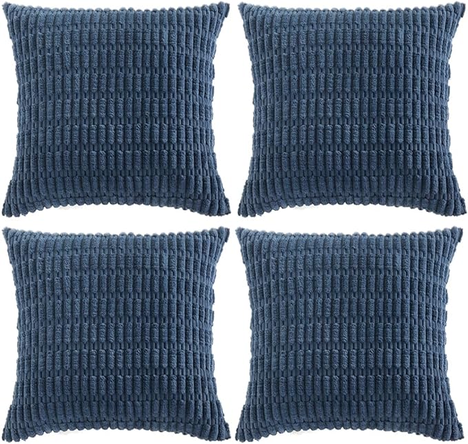 Fancy Homi 4 Packs Dusty Blue Decorative Throw Pillow Covers 14x14 Inch for Living Room Couch Bed Sofa, Rustic Farmhouse Boho Home Decor, Soft Plush Striped Corduroy Square Cushion Case 35x35 cm