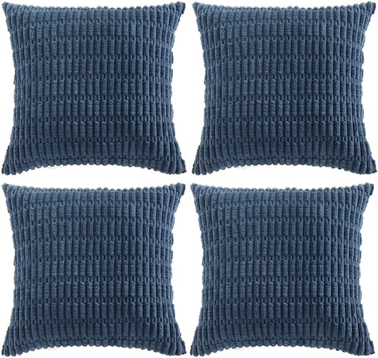 Fancy Homi 4 Packs Dusty Blue Decorative Throw Pillow Covers 14x14 Inch for Living Room Couch Bed Sofa, Rustic Farmhouse Boho Home Decor, Soft Plush Striped Corduroy Square Cushion Case 35x35 cm