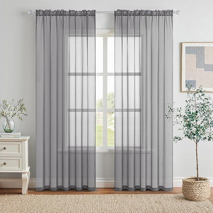 MIULEE 2 Panels Solid Color Sheer Window Curtains Elegant Window Voile Panels/Drapes/Treatment for Bedroom Living Room (54X96 Inches Charcoal Grey)