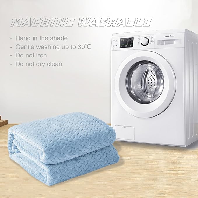 Exclusivo Mezcla Fleece Queen Size Blanket for Bed, 90x90 Inches Soft Cozy Jacquard Flannel Blankets, Lightweight Fuzzy Plush Warm for Women, Light Blue