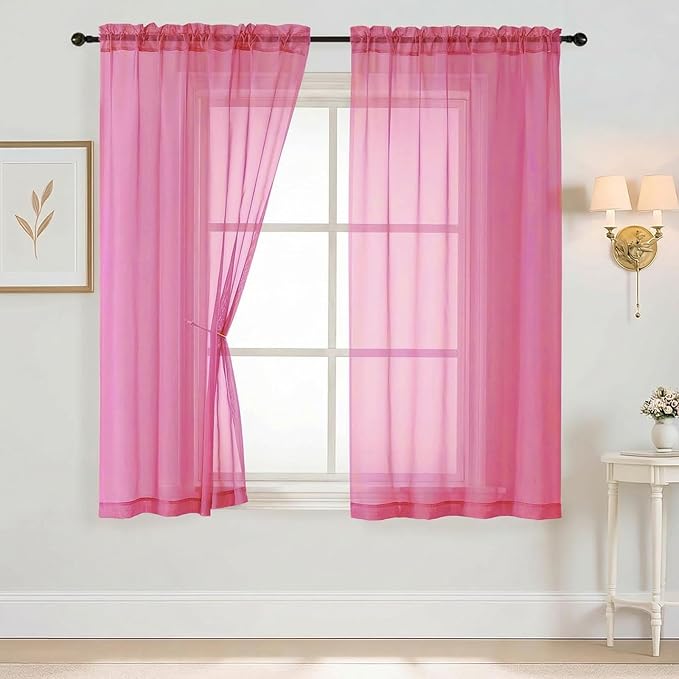 Sheer Curtains 63 Inch Length 2 Panels, Voile Sheer Curtain for Living Room, Breathable Light Filtering Window Treatments, Soft Fabric Dual Rod Pocket Drapes, Hot Pink, 2x42Wx63L Inches