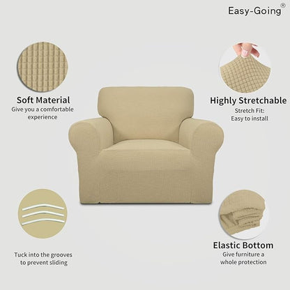 Easy-Going Stretch Chair Sofa Slipcover 1-Piece Couch Sofa Cover Furniture Protector Soft with Elastic Bottom for Kids, Pet. Spandex Jacquard Fabric Small Checks (Chair, Beige)
