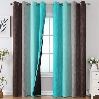 Estelar Textiler Ombre Blackout Curtains 102 Inches Long 2 Panels Set, Brown and Teal Thermal Insulated Drapes for Bedroom, Full Room Darkening Grommet Curtains for Living Room, 52Wx102L