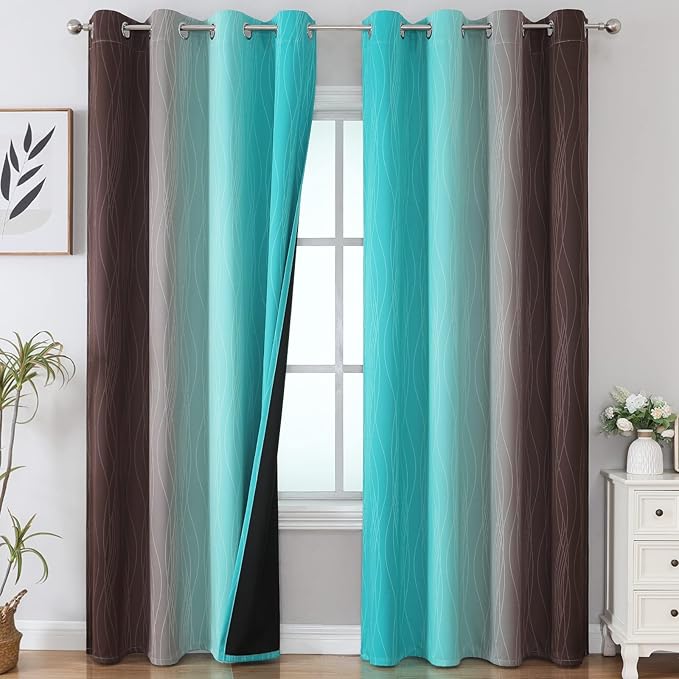Estelar Textiler Full Room Darkening Gradient Blackout Curtains 96 Inch Length 2 Panels Set, Ombre Teal and Brown Thermal Insulated Full Light Blocking Grommet Blackout Drapes for Bedroom, 52Wx96L