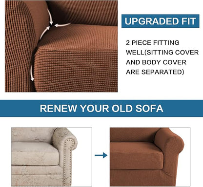 H.VERSAILTEX 2-Piece Armchair Cover Slipcovers with Arms - Sofa Slipcover for Chair Width Up to 47 Inch, Anti-Slip Rich Stretch Knitted Jacquard Fabric Small Checks (Caramel)