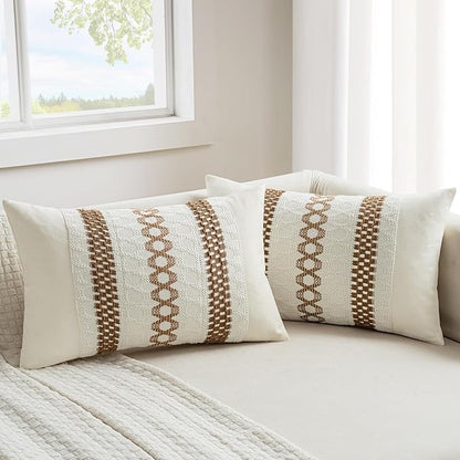 MIULEE Set of 2 Coco Brown Boho Decorative Lumbar Pillow Covers 12x20 Inch Farmhouse Rustic Couch Throw Pillows Modern Cotton Cushion Covers Retro Cute Macrame Woven Spring Decor for Bed Sofa Chair