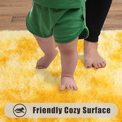 Soft Runner Rugs for Bedroom Hallways, 2x6 Tie-Dyed Yellow Fluffy Shag Throw Area Rug Non Slip for Bedside Dorm, Long Shaggy Furry Carpet for Nursery Living Room