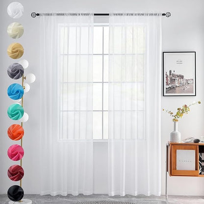youleyar Solid Sheer Rod Pocket Curtain Voile Draperies 2 Panels White Beige Black Grey Coffee 60 Inch Width 108 Inch Long 1 Pair for Kitchen Bedroom Children Living Room Yard(White,60Wｘ108L)