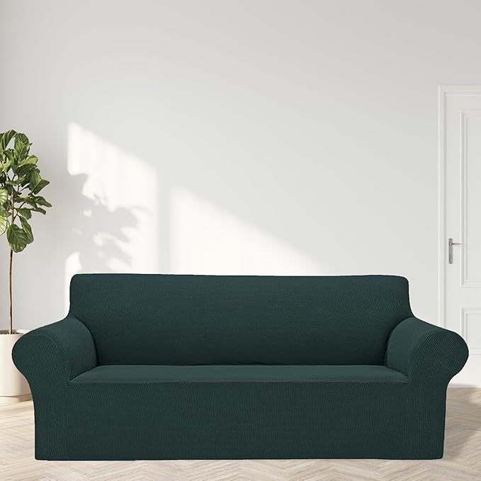 Cupuamon 2026 New Stretch Sofa Slipcovers Couch Cover for 3 Cushion Furniture Protector Sofa Covers with Elastic Bottom Jacquard Fabric Small Checks for Pets, Kids -Sofa, Hunter
