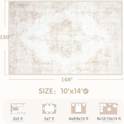 Area Rug 10x14 Vintage Rugs: Large Washable Living Room Rug Retro Medallion Distressed Soft Low Pile Non-Slip Rugs Indoor Floor Carpet for Bedroom Nursery Dining Table Office (Beige,10'x14')