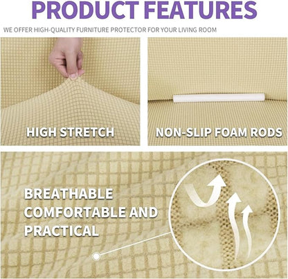 ZNSAYOTX Super Stretch Couch Cover Love Seat Sofa Covers for Living Room Dogs Pet Friendly Furniture Protector Spandex Loveseat Slipcovers with Anti Slip Foam Sticks (Beige, Medium)