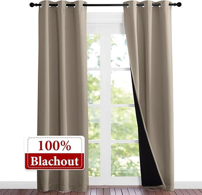 NICETOWN Taupe Full Shade Curtain Panels, Pair of Thermal Insulated & Energy Efficiency Blackout Curtains for Living Room Windows, Lined Silky Performance Window Dressing (37" Wide x 84" Long, Taupe)