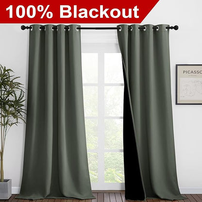 NICETOWN Dark Mallard Blackout Curtains 90 inches Long, Full Light Blocking Drapes with Black Liner for Nursery, Thermal Insulated Draperies for Hall, Villa (2 Pieces, 46" Wide per Panel)