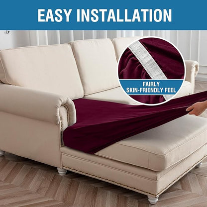 Couch Cover 8-Piece Elastic Velvet Couch Cushion Covers & Chaise Slipcovers for L-Shaped Sofas, Sofa Seat Covers Washable, Soft Cover for Couches (7 Seater + Chaise, Wine)