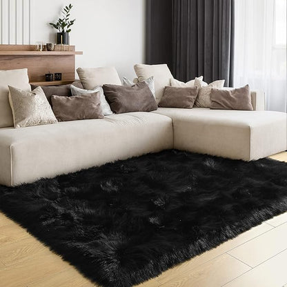 LOCHAS Soft Fluffy Faux Fur Rugs for Bedroom Bedside Rug 3x5 Feet, Washable, Furry Sheepskin Area Rug for Living Room Girls Room, Luxury Shag Carpet Home Decor, Black