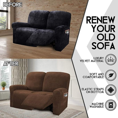 ULTICOR Reclining Love Seat Slipcover, 48" - 65" L, 6-Piece Velvet Stretch Loveseat Reclining Sofa Covers, 2 seat Love seat Recliner Cover, Thick, Soft, Washable (Chocolate)