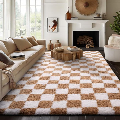 Ophanie Checkered Beige & White Rug for Living Room Bedroom, Fluffy Soft Cute Fuzzy Area Rugs, Shag Plush Shaggy Bedside Floor 8x10 Furry Carpet for Kids Baby Teen Dorm Nursery Home Decor Aesthetic