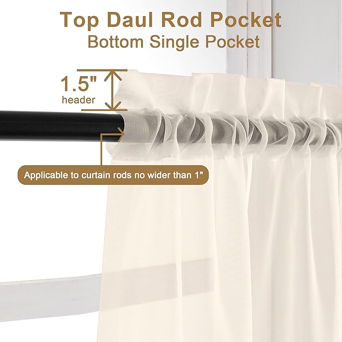 Chyhomenyc Cream Sheer Curtains 72 Inch Length 2 Panels, Light Filtering Top Dual Rod Pocket Voile Window Curtain Drapes for French Door, Bedroom Living and Children Room, Each 42W x 72L