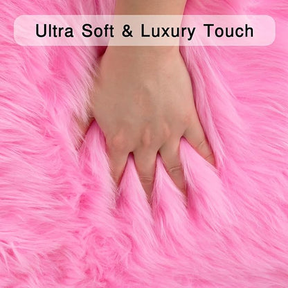 duduta Hot Pink Faux Sheepskin Throw Rug 2x3 ft, Fluffy Shag Rug for Bedroom Dorm Kids Room Fur Seat Chair Covers Non Slip