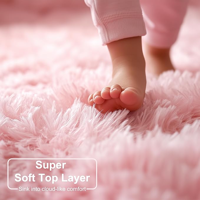 Pink Fluffy Round Rug 5Ft for Girls Bedroom Decor Aesthetic, Shaggy Circle Area Rugs for Kids Room Living Room, Cute Fuzzy Carpet for Nursery, Dorm, Classroom, Teen, Princess, Comfy Baby Playroom Rug