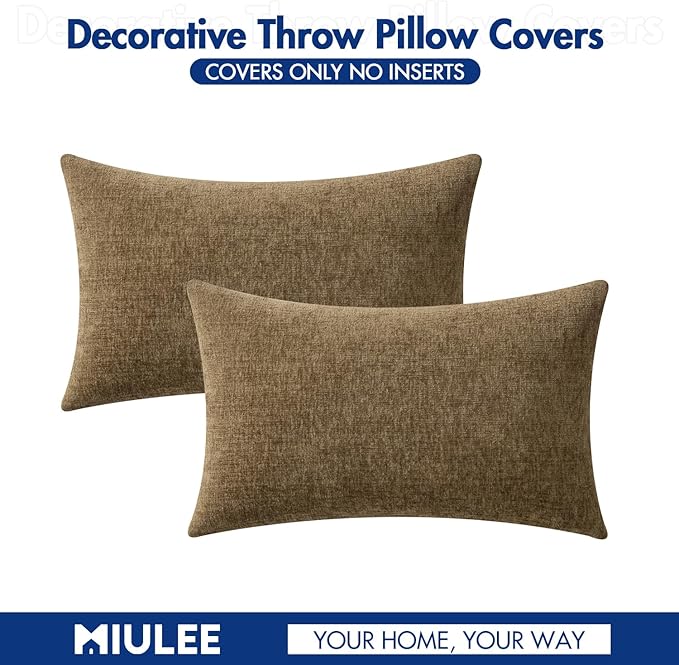 MIULEE Pack of 2 Coffee Throw Pillow Covers 12x20 Inch Soft Chenille Lumbar Pillow Covers for Sofa Living Room Couch Solid Dyed Cases