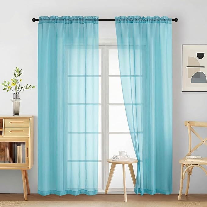 Sheer Curtains 84 Inches Long 2 Panels, Elegant Airy Transparent Light Filtering Window Curtains, Window Drapes for Living Room Bedroom, Top Dual Rod Pocket Design, Aqua, 2x42Wx84L Inches