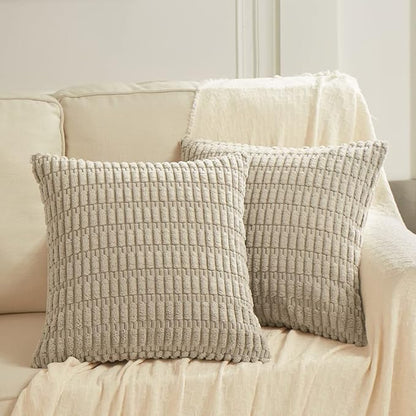 Fancy Homi 4 Packs Taupe Decorative Throw Pillow Covers 22x22 Inch for Living Room Couch Bed, Rustic Modern Farmhouse Boho Home Decor, Soft Plush Corduroy Cute Square Accent Cushion Case 55x55 cm