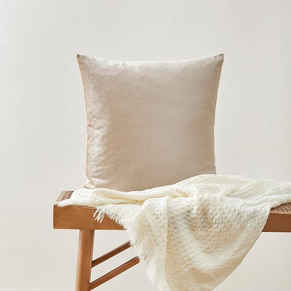 GIGIZAZA Beige Velvet Pillow Covers: Pack of 2 Super Soft Throw Pillows Solid Vintage Covers - 18x18 Decorative Elegant Champagne Couch Small Square Cushion Covers Used for Living Room,Bedroom