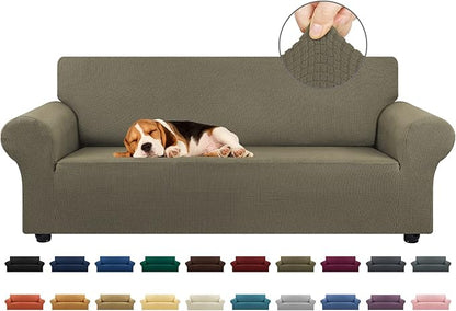 KEKUOU Stretch Sofa Cover Slipcover ，Couch Covers for 3 Cushion Couch Sofa pet Friendly (78"-94") Furniture Protector Sofa with Elastic Bottom for Kids,Dog, Jacquard Small Checked(Large,Khaki)