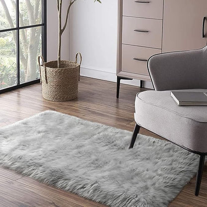 Faux Fur Rug, Grey Small Fluffy Rug for Sofa Chair Couch Cover 2x4 Feet, Gray Soft Fuzzy Shag Rug for Bedroom, Indoor Shaggy Plush Floor Carpets Luxury Home Decor for Bedside