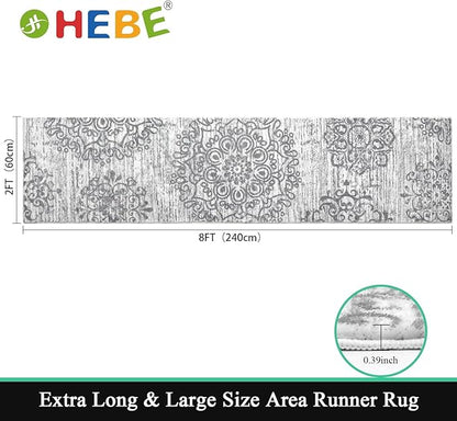 HEBE Hallway Runner Rug 2'x8' Washable Vintage Distressed Area Rugs Non Slip Laundry Rug Runner Boho Floor Carpet Runners for Hallways Entryway Laundry Room Kitchen Bathroom,Grey
