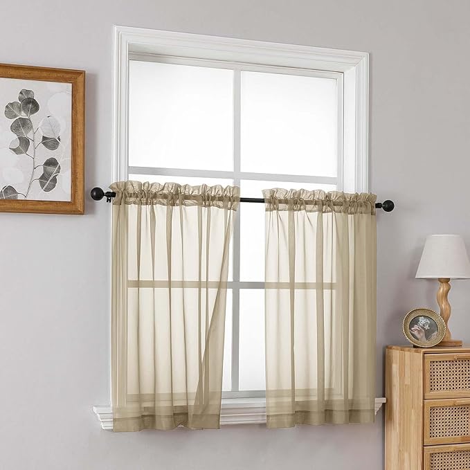 Taupe Sheer Curtains Tier 30 Inches Length 2 Panels Set, Light Filtering Lightweight Soft Window Treatments Drapes, Cute Elegant Cafe Curtains for Nursery, Dual Rod Pocket, 2x42Wx30L Inches