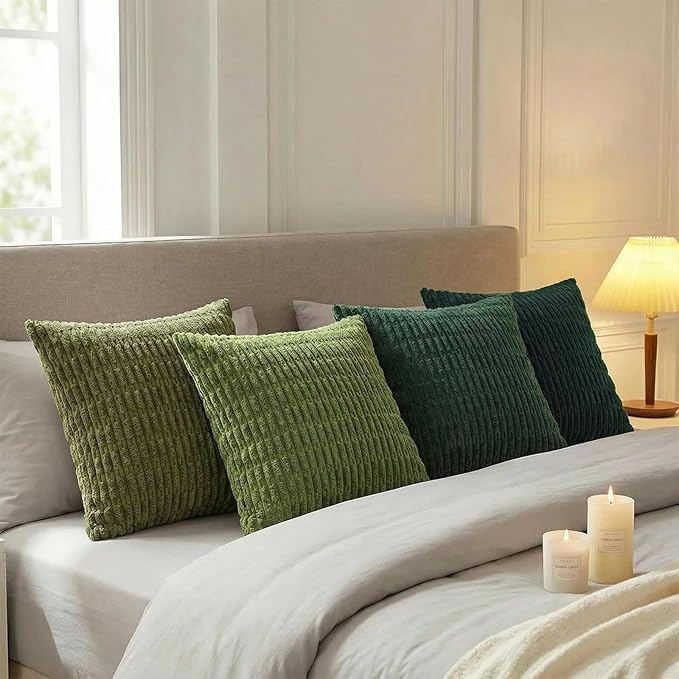 Fancy Homi Set of 4 Green Boho Winter Decorative Throw Pillow Covers 22x22 Inch for Couch Bed Sofa, Aesthetic Modern Bohemian Room Decor, Soft Fuzzy Cozy Corduroy Textured Cushion Case 55x55cm