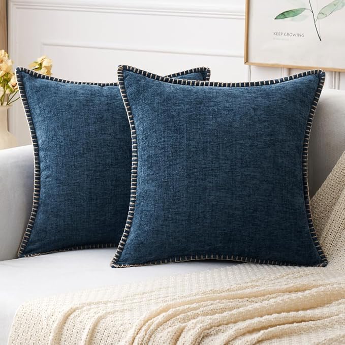MIULEE Pack of 2 Couch Throw Pillow Covers 18x18 Inch Dark Blue Farmhouse Decorative Pillow Covers with Stitched Edge Soft Chenille Solid Dyed Spring Pillow Covers for Sofa Bed Living Room