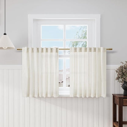 Nanspring Linen Textured Half Curtains for Windows Back Tab Rod Pocket Window Toppers Valances Cream Semi Sheer Translucent Privacy for Home Office Guest Room Cabinet Laundry Room 2 Panels Set 52x26