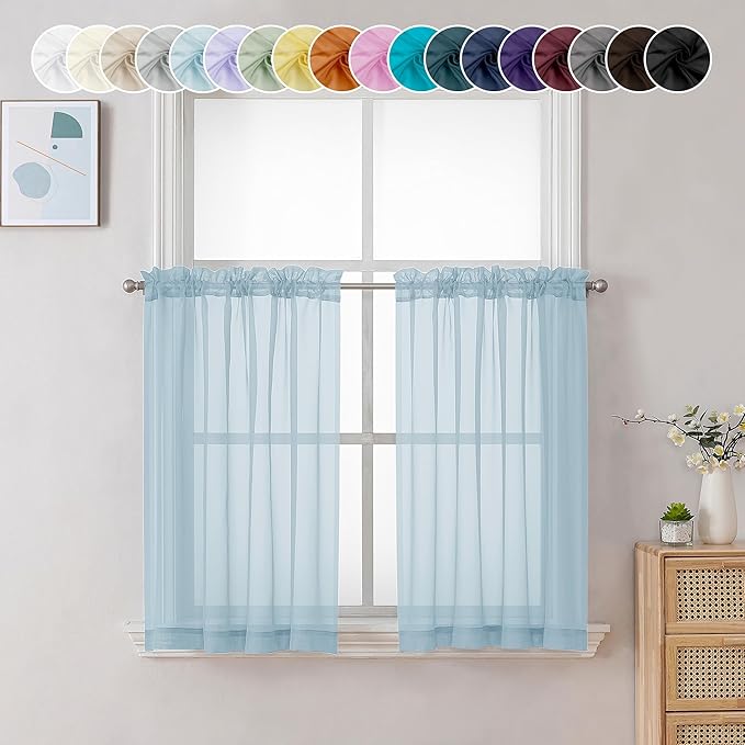 Chyhomenyc Sky Blue Sheer Curtains 36 inch Length 2 Panels, Light Filtering Voile Light Blue Short Window Curtians for Bathroom Living Room Farmhouse Small Windows, 42Wx36L inches