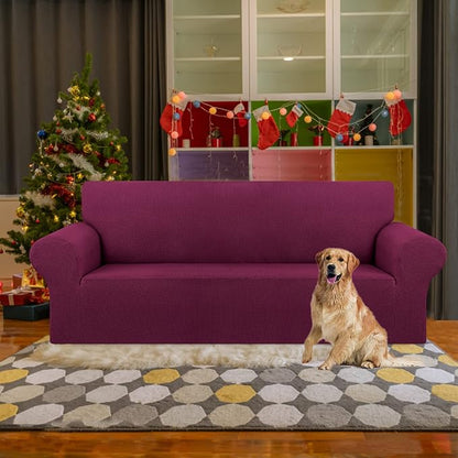 KEKUOU Stretch Sofa Cover Slipcover ，Couch Covers for 3 Cushion Couch Sofa pet Friendly (78"-94") Furniture Protector Sofa with Elastic Bottom for Kids,Dog, Jacquard Small Checked(Large,Wine)