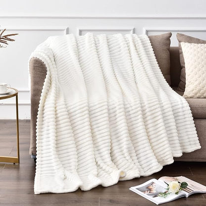 BEDELITE Fleece Blanket Twin Size – 3D Ribbed Jacquard Soft and Warm Decorative Fuzzy Blankets – Cozy, Fluffy, Plush Lightweight Throw Blankets for Couch, Bed, Sofa(Off White, 60x80 inches)