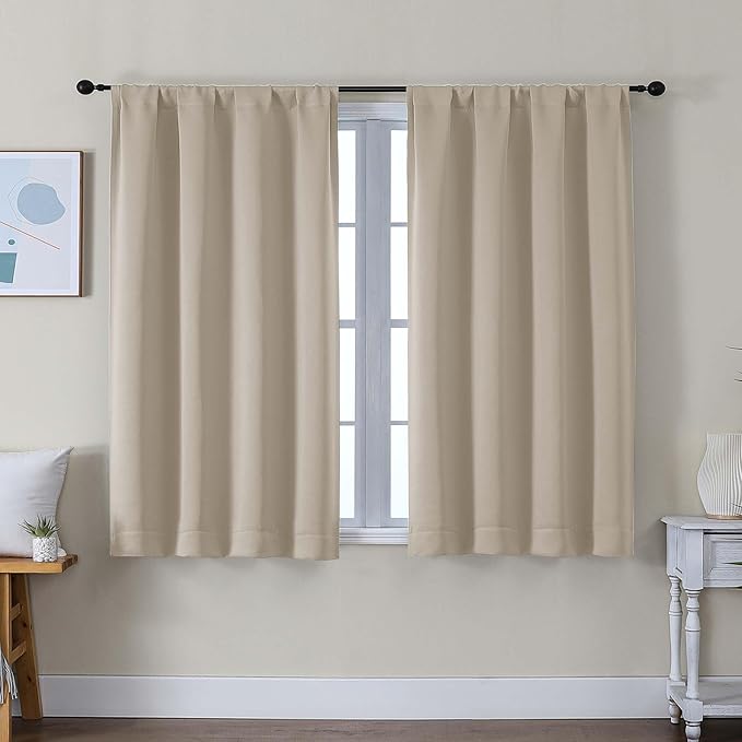 Simplebrand Ava Biscotti Beige Short Blackout Curtains for Bedroom 45 Inches Long 2 Panels Set, Solid Thermal Insulated, Energy Saving Window Treatment Curtains Blackout Drapes, W40 x L45 Inch