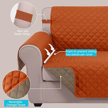 U-NICE HOME 4 Seater Sofa Cover 91 Inch Large Couch Covers for 4 Cushion Couch with Elastic Straps Water Resistant Furniture Protector Cover for Pets Cat (Sofa XX-Large, Orange/Taupe)