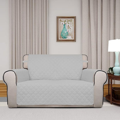 PureFit Reversible Quilted Sofa Cover, Water Resistant Slipcover Furniture Protector, Washable Couch Cover with Non Slip and Elastic Straps for Kids, Pets (Loveseat, Light Gray/Ivory)