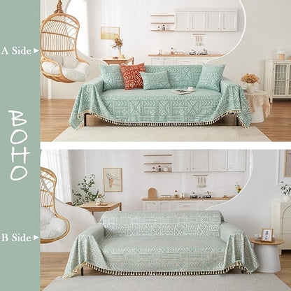 HANDONTIME Farmhouse Sofa Covers - Light Green Aztec Couch Covers for 3 Cushion Sectional Couch, 71" X 118