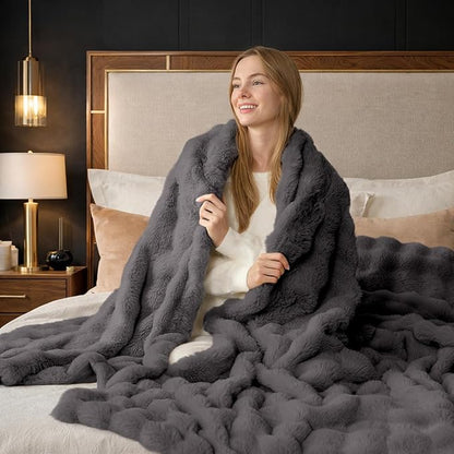 Cozy Bliss Faux Fur Bubble Throw for Couch, Fuzzy Soft Plush Thick Blanket for Sofa Bed Gift, 50x60 Inches Charcoal Grey