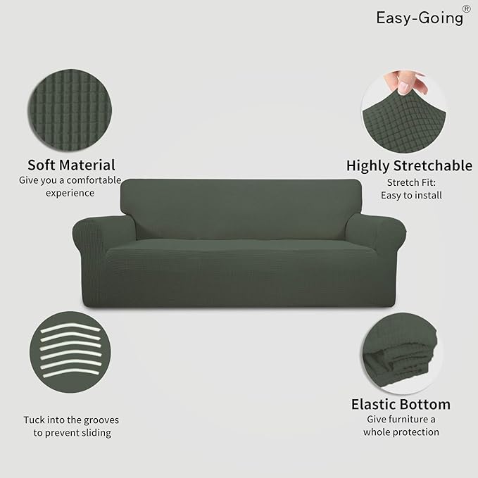Easy-Going Stretch Oversized Sofa Slipcover 1-Piece Sofa Cover Furniture Protector Couch Soft with Elastic Bottom for Kids, Polyester Spandex Jacquard Fabric Small Checks Olive Green