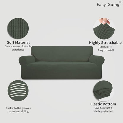 Easy-Going Stretch Oversized Sofa Slipcover 1-Piece Sofa Cover Furniture Protector Couch Soft with Elastic Bottom for Kids, Polyester Spandex Jacquard Fabric Small Checks Olive Green