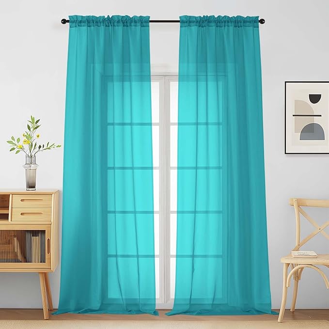 Turquoise Sheer Curtains for Window 96 Inches Long 2 Panels, Soft Airy Light Filtering Voile Sheer Curtains for Living Room Bedroom, Dual Rod Pocket Elegant Window Drapes, 2x42Wx96L Inches